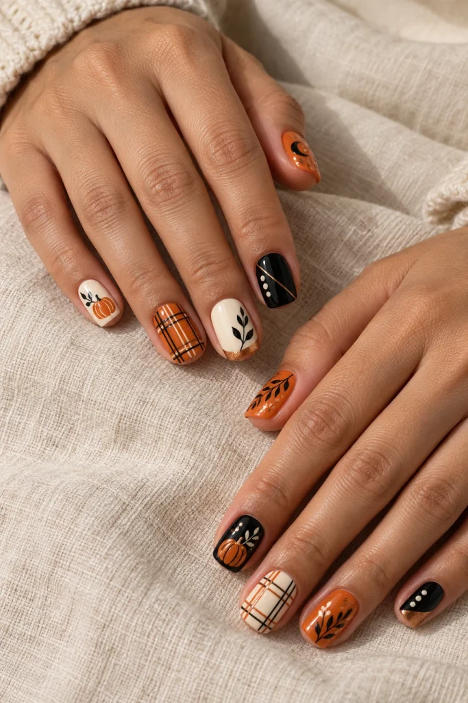Two hands with square orange, ivory and black nails featuring plaid, pumpkins, leaf sprigs and copper-toned tips on cream fabric.