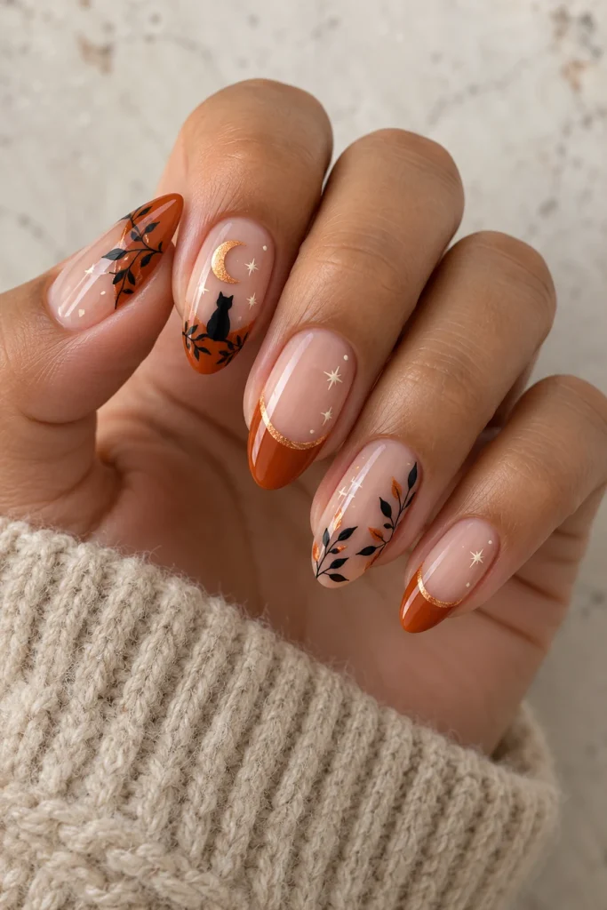 Almond nails with burnt-orange French tips, a black cat under a copper crescent, black leaf sprigs and small pale stars.