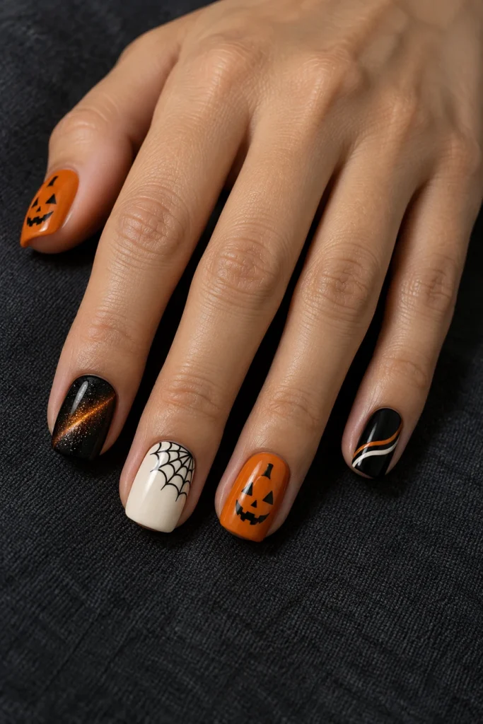 A hand with orange jack-o’-lantern nails, a black nail with an amber cat-eye effect, an ivory spiderweb nail and curved black, orange and white stripes.