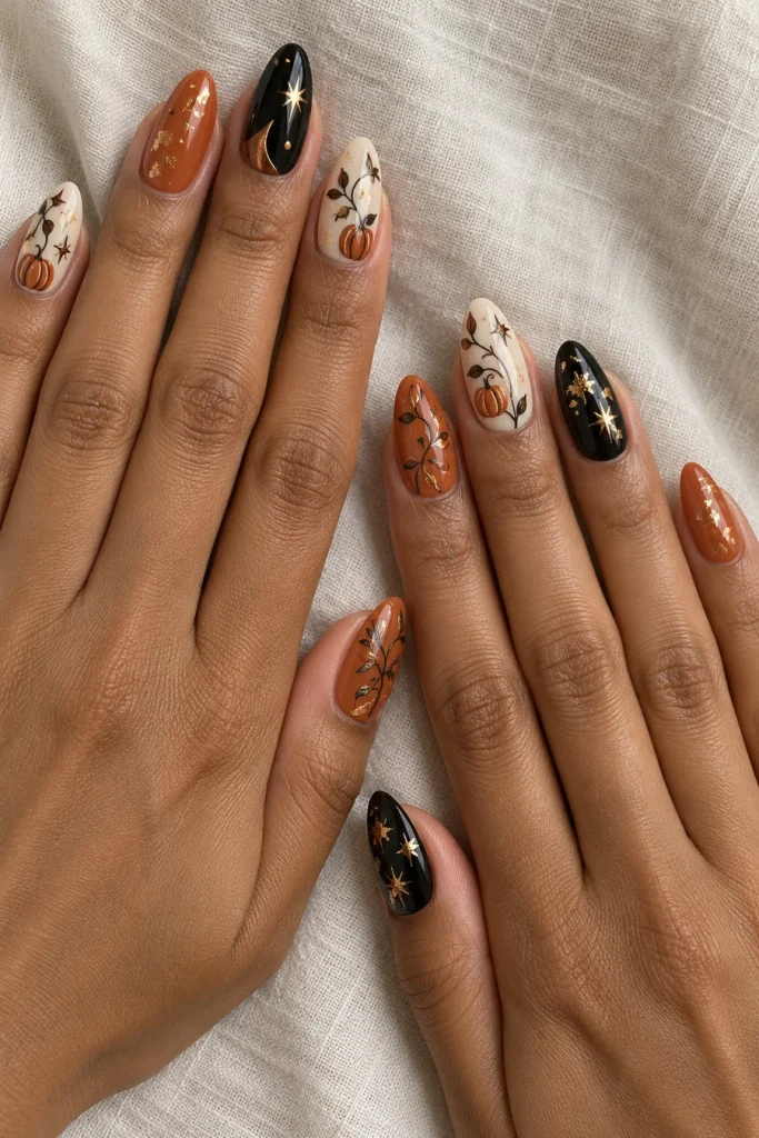 Two hands with almond nails in terracotta, ivory and black, decorated with pumpkins, vines, gold-toned flecks and stars.