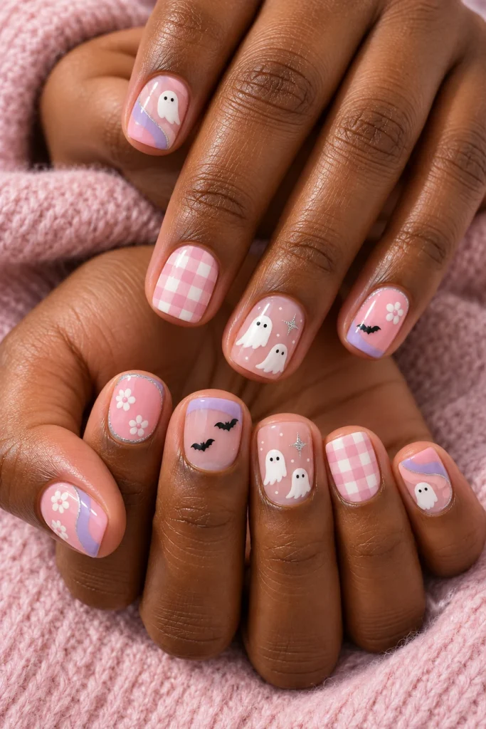 Overlapping hands with short pink and lilac squoval nails featuring pink-and-white checks, white ghosts, flowers, black bats and fine silver accents.
