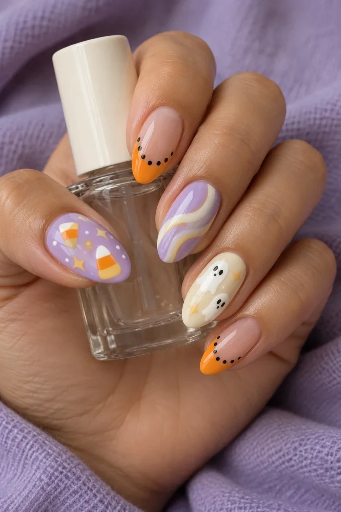 A hand holding a clear polish bottle with almond nails featuring lilac swirls, candy corn, white ghosts and orange tips with black dots.