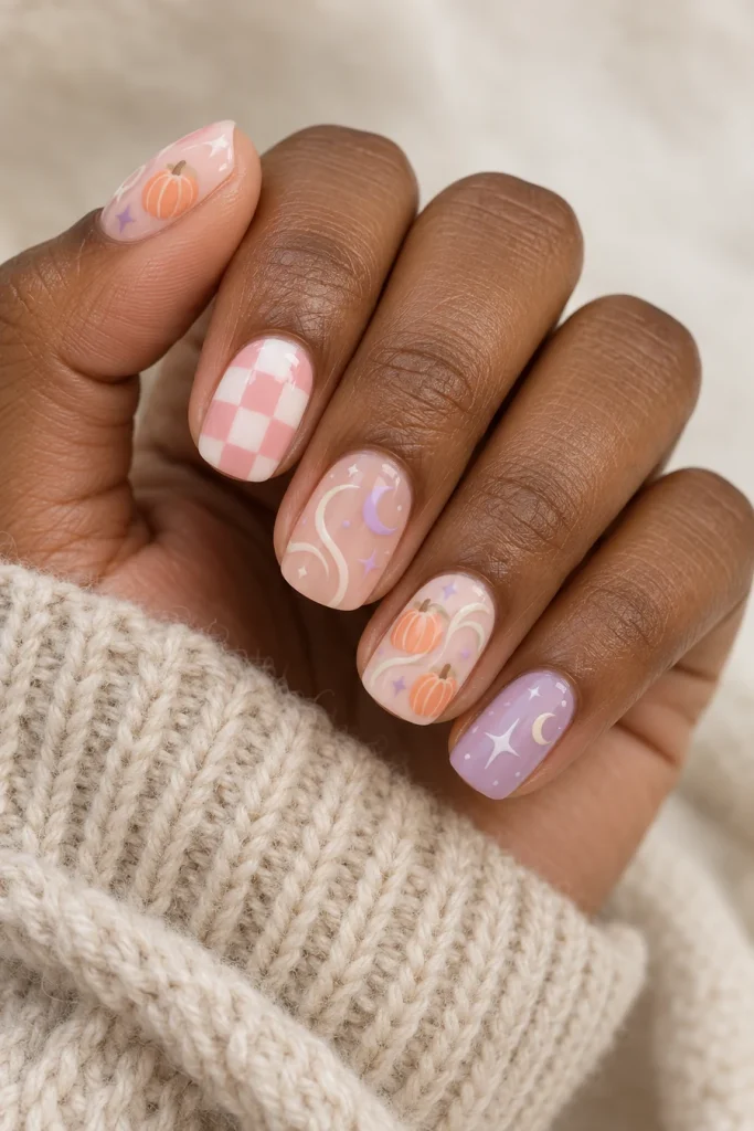 A hand with squoval nails in pink, peach and lilac, decorated with pumpkins, pink-and-white checks, ivory curves, crescents and stars.