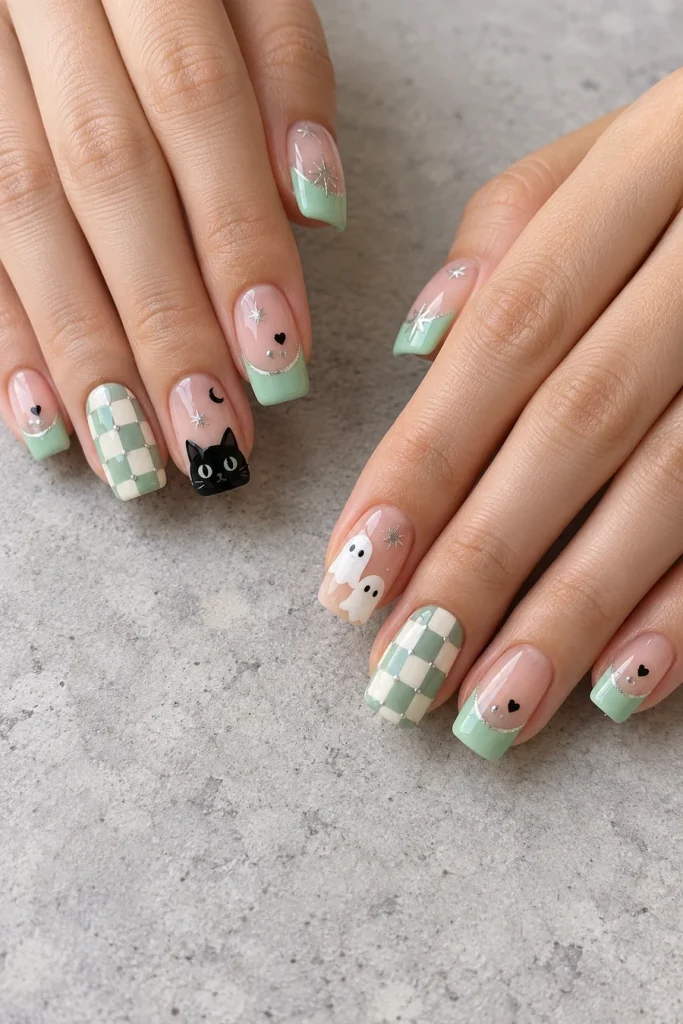 Two hands with mint French tips, mint-and-ivory checkerboards, black cat art, white ghosts, small hearts and silver stars.