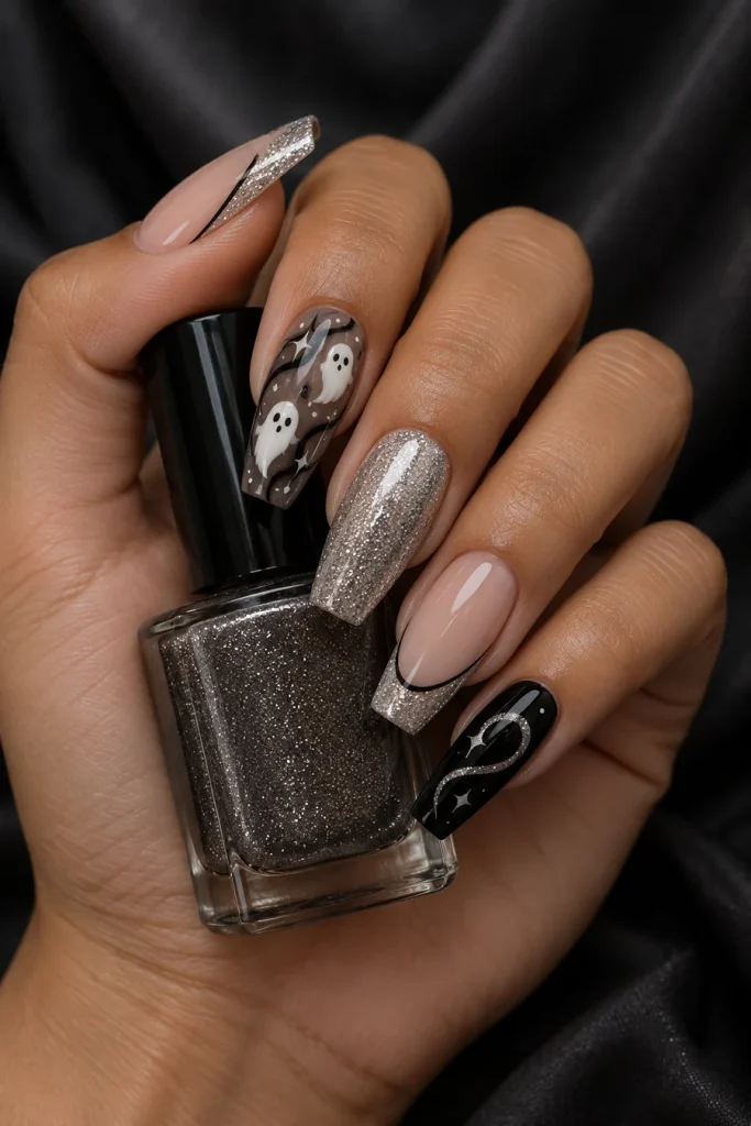A hand holding a glitter polish bottle with long coffin nails featuring silver glitter, white ghosts on smoky black, silver French tips and black-and-silver curves.