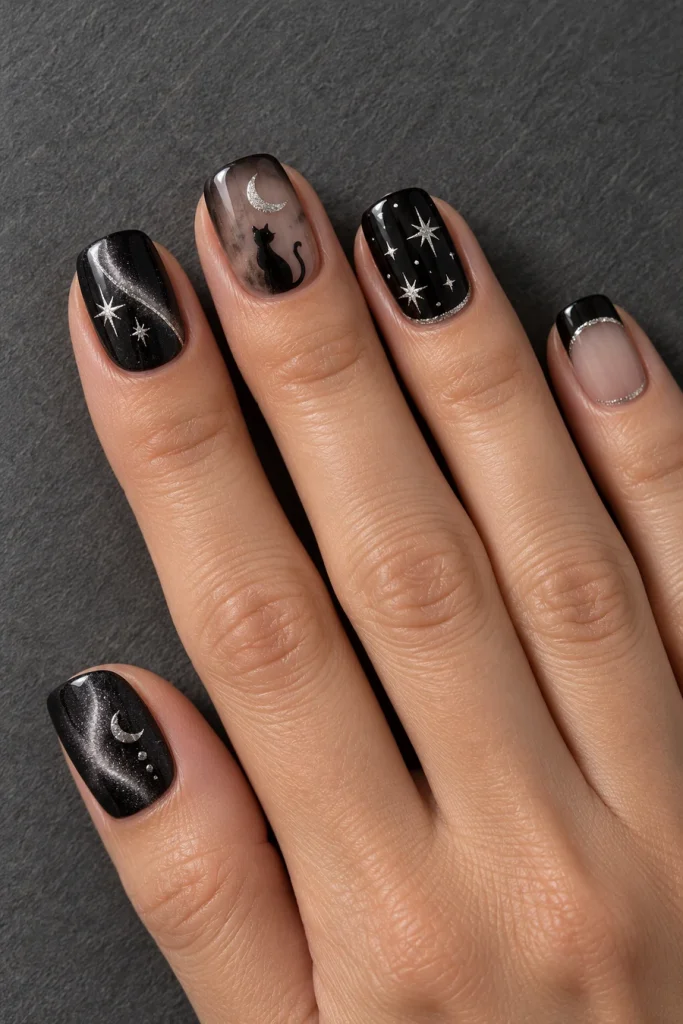 A hand with short squoval nails in black and smoky nude, featuring silver cat-eye effects, stars, a black cat beneath a crescent and a silver-edged black French tip.