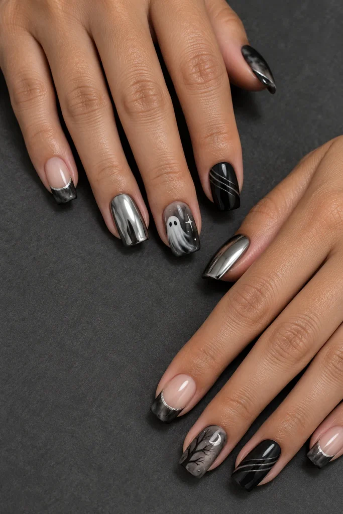 Two hands with square nails featuring silver chrome-like polish, smoky gray ghosts, black curves and dark French tips with silver edges.