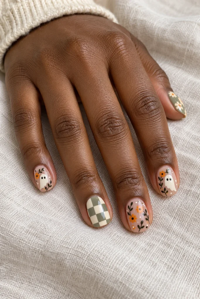 A hand with short squoval nails featuring white ghosts, orange flowers, dark leaf sprigs and sage-and-ivory checkerboards.