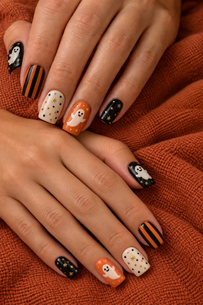 Two hands resting in opposite diagonal directions on orange fabric, with square nails featuring white ghosts, orange-and-black stripes, ivory dots and gold stars.