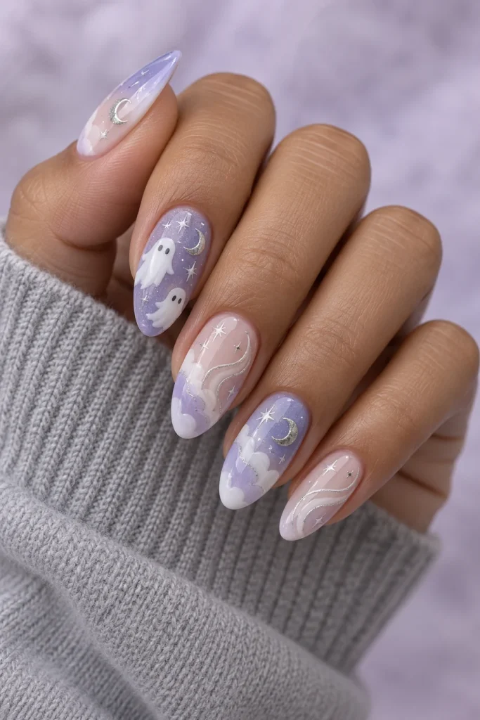 Almond nails with lavender-and-pink bases, white ghosts, silver crescents and stars, cloud-like tips and pale curved lines.