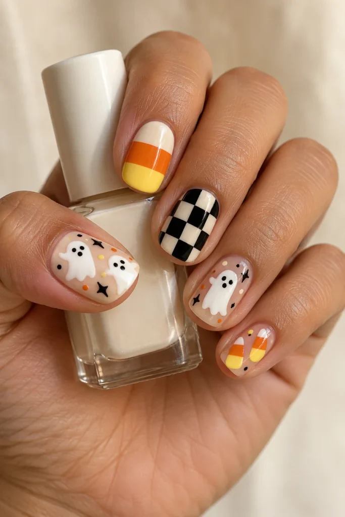 A hand holding a small clear bottle with short squoval nails featuring white ghosts, white-orange-yellow bands, black-and-white checks and candy-corn shapes.