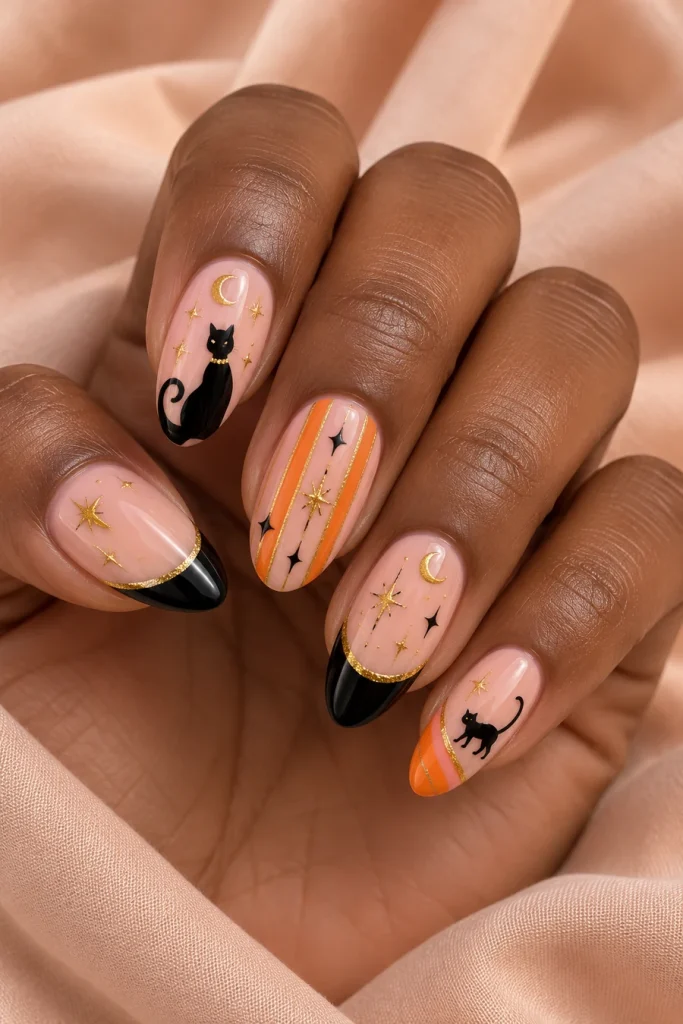Almond nails with black cats, pink-and-orange stripes, gold stars and crescents, and black French tips with fine gold edges.