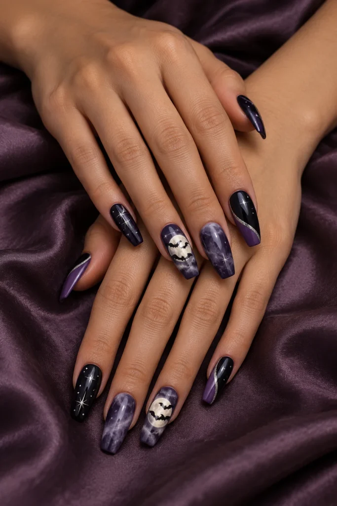 Two crossed hands with long coffin nails in violet and black, featuring bats over pale moons, smoky marbling, silver stars and angled purple tips.