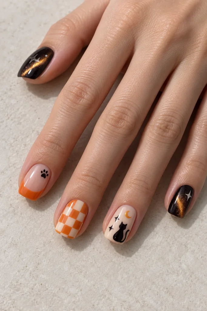 Short square nails featuring orange-and-ivory checks, paw prints, a black cat beneath a crescent, an orange French tip and amber cat-eye effects.