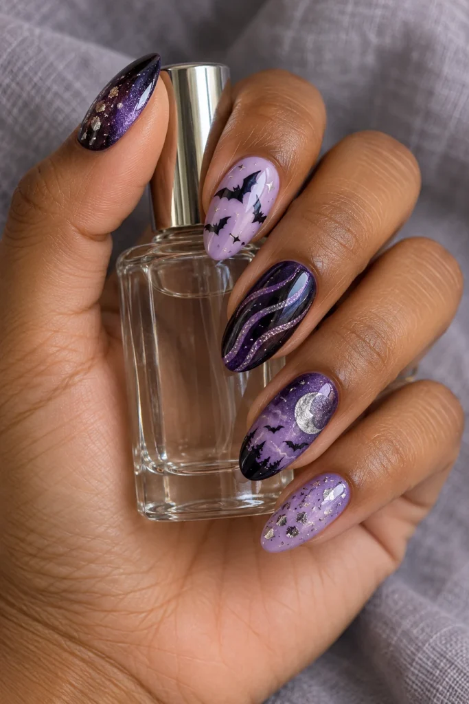 A hand holding a clear bottle with almond nails featuring black bats on lilac, purple-and-black waves, silver flecks and a crescent moon.