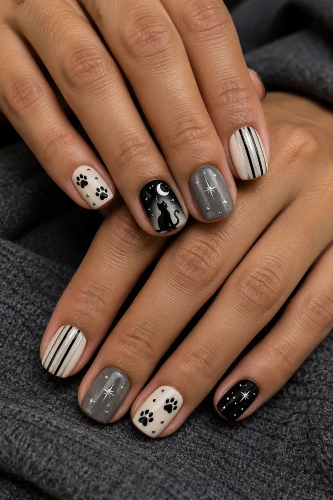 Two overlapping hands with short squoval nails featuring black cats, paw prints, ivory-and-black stripes, gray shimmer, stars and crescents.