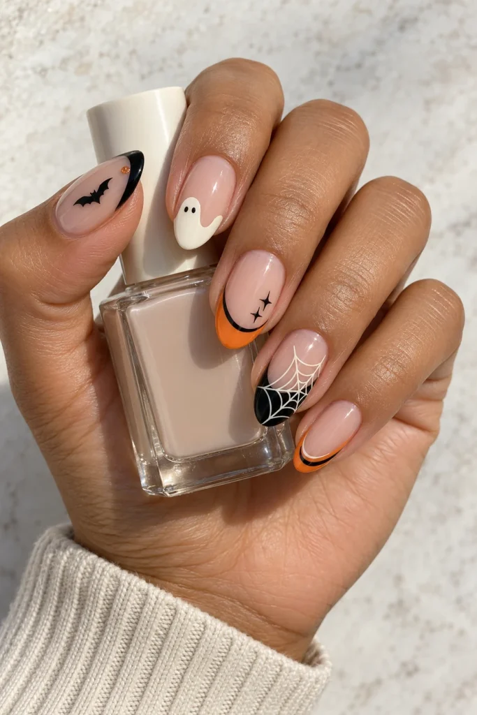 A hand holding a clear bottle with nude almond nails featuring a ghost-shaped French tip, orange-and-black curves, a white web and a black bat.