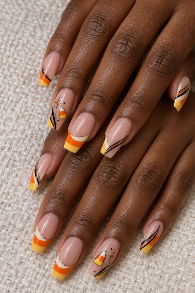 Two overlapping hands with long tapered nails featuring white-orange-yellow French tips, diagonal black lines, fine metallic edges and candy-corn accents.