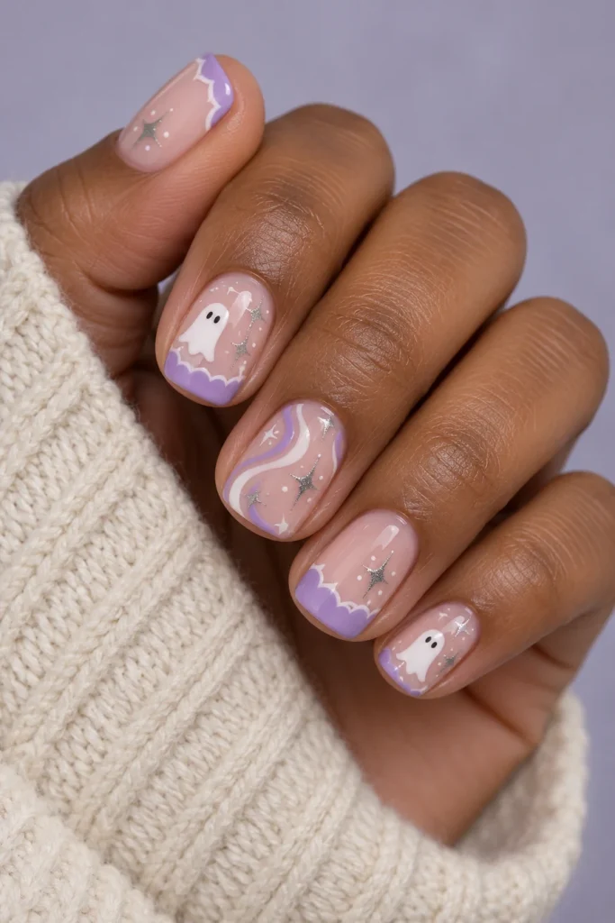 Short pink and lilac squoval nails with scalloped French tips, white ghosts, purple-and-ivory swirls and silver star details.