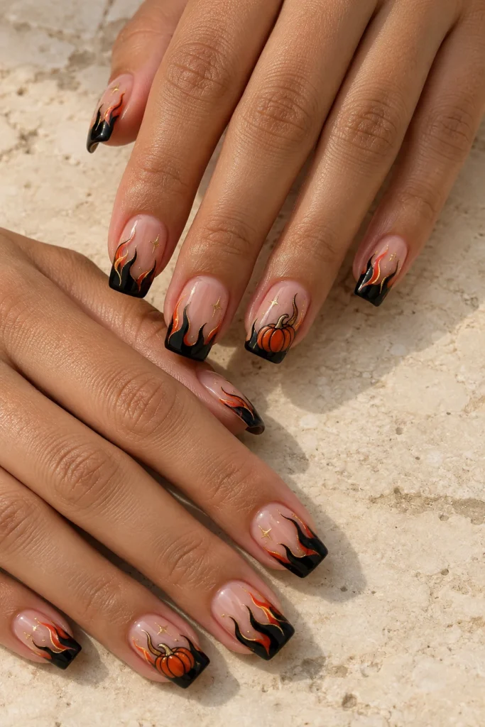 Two hands with square nude nails featuring black flame-shaped tips, orange-red flame lines, gold stars and pumpkin accents.