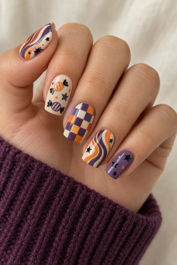 A hand with square nails featuring orange-violet-ivory swirls, wrapped candy motifs, checkerboards and black stars.