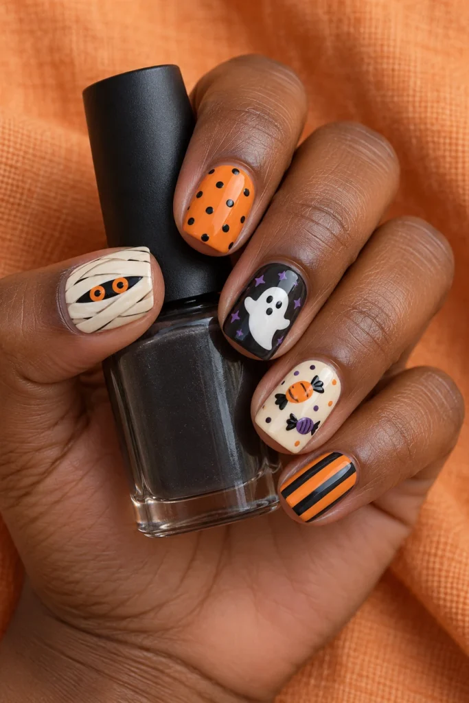 A hand holding a black bottle with short square nails featuring a mummy face, a white ghost, wrapped candies, orange dots and orange-and-black stripes.