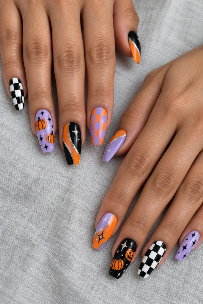 Two hands with long coffin nails featuring black-and-white and orange-violet checks, pumpkins, stars, diagonal color bands and fine silver edges.