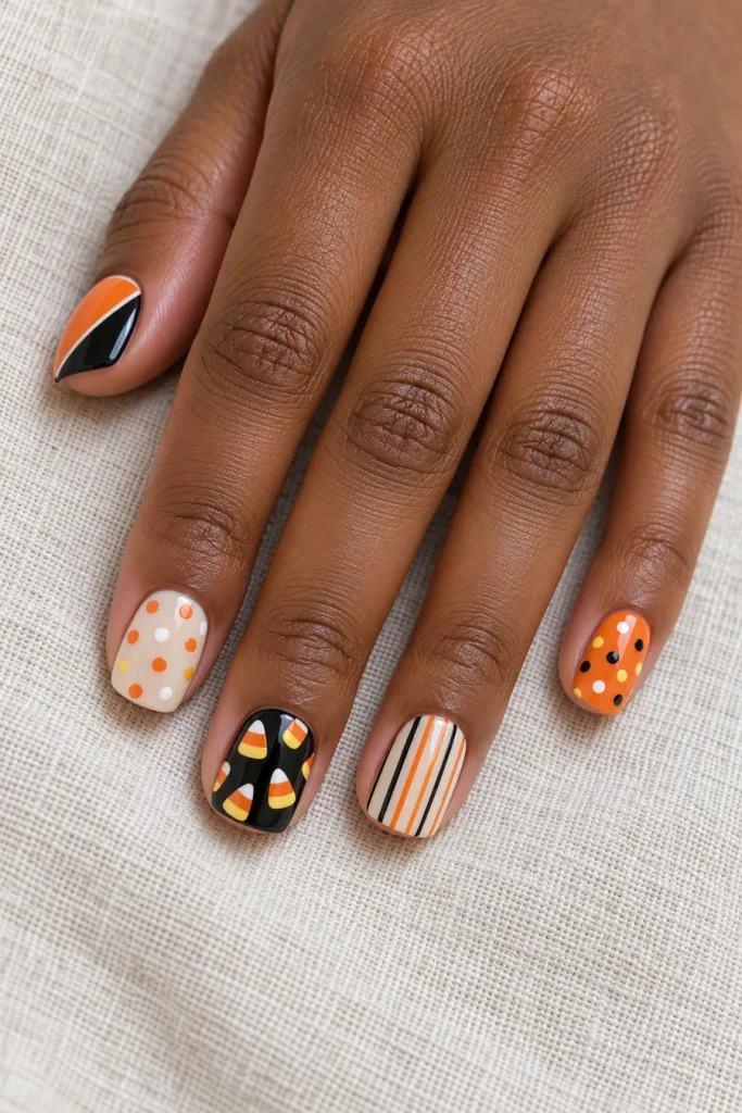 A hand with short squoval nails featuring candy-corn shapes, orange-and-ivory dots, thin orange-black-ivory stripes and an angled orange-and-black accent.
