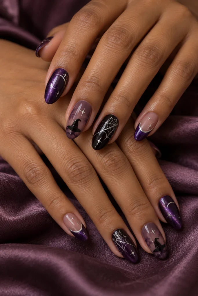 Two overlapping hands with almond nails featuring violet cat-eye effects, witch hats, silver webs, stars and curved purple French tips.