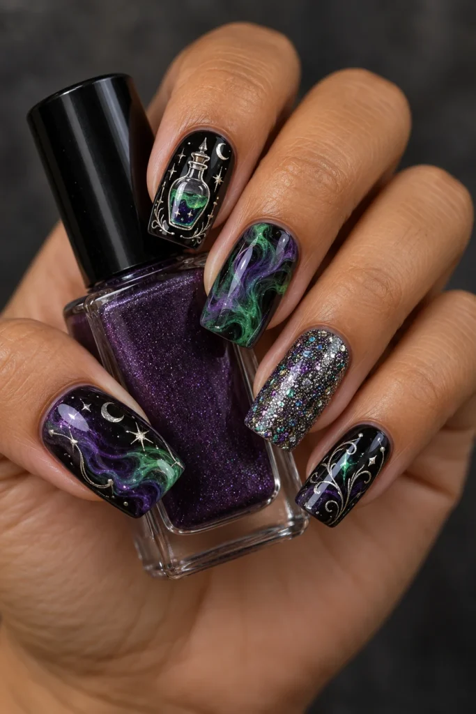 A hand holding a purple glitter bottle with long square nails featuring a green potion-bottle motif, green-violet marbling, silver curves, moons, stars and glitter.