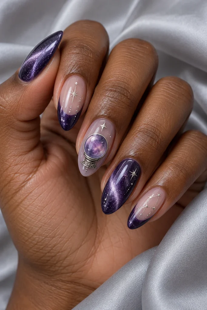 Almond nails with a violet crystal-ball accent, purple cat-eye effects, deep purple French tips, silver stars and constellation-like lines.