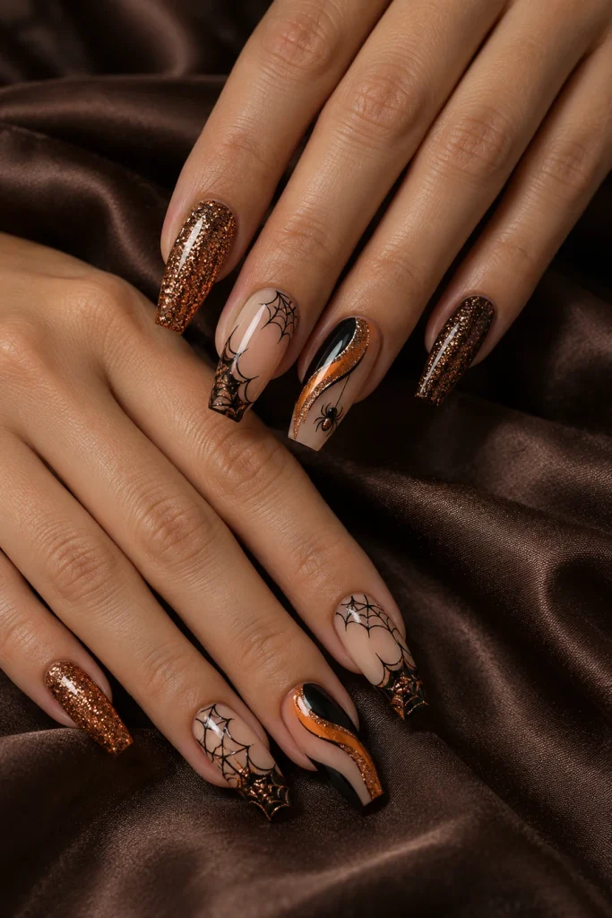 Two overlapping hands with coffin nails featuring copper glitter, black webs, a small black spider and curved orange-and-black bands.