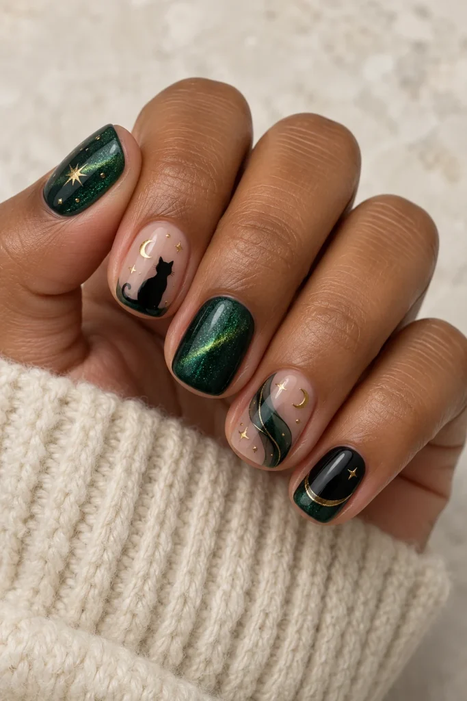 A hand with short squoval nails featuring emerald cat-eye effects, a black cat beneath a gold crescent, gold stars, translucent green curves and a black tip with a gold edge.