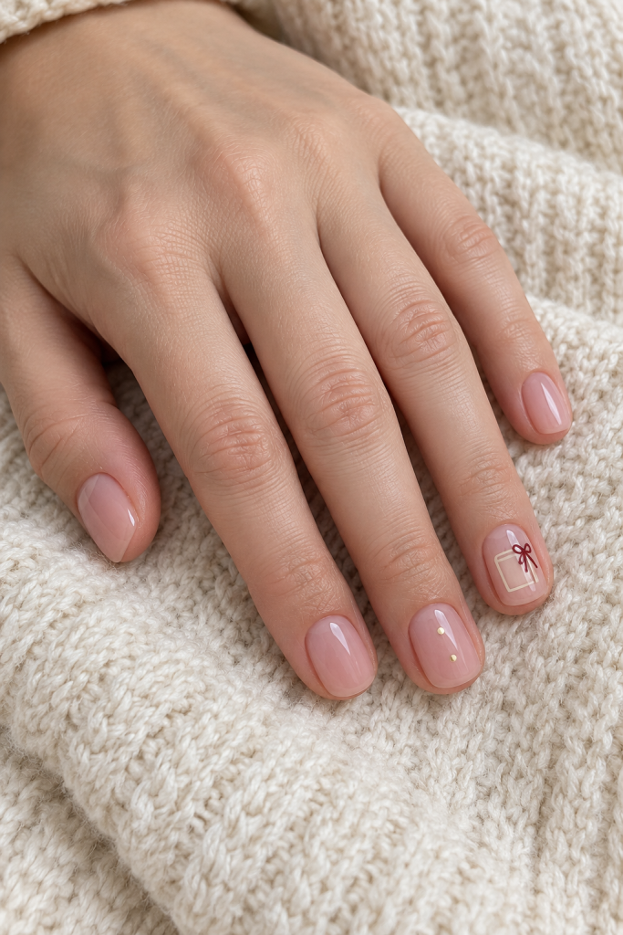 Short translucent blush nails with a cream gift-tag outline, tiny cranberry bow and gold dots.