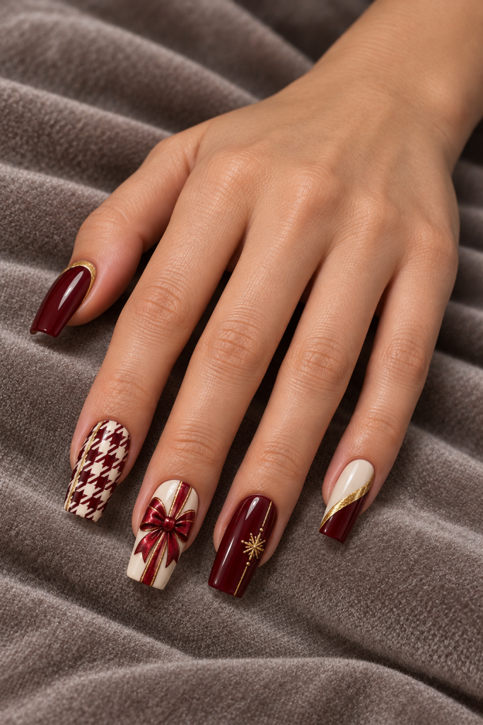 long soft square Christmas nails in burgundy, ivory and gold. Graphic burgundy-and-ivory houndstooth meets a large red bow, slim gold borders and a glossy wine accent.