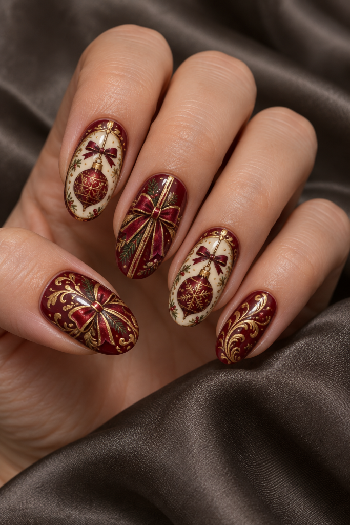 medium oval Christmas nails in burgundy, dusty cream and muted gold. Vintage baubles inside cream oval panels meet burgundy gift ribbons and tiny gold filigree corners.