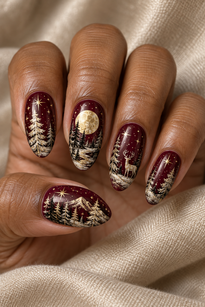 medium almond Christmas nails in burgundy, ivory, charcoal and gold. Pale fir trees, a gold moon and snowy woodland silhouettes glow against deep burgundy nails.