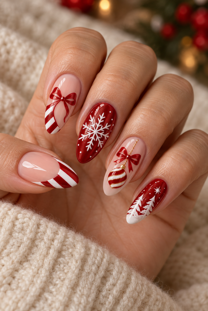 long almond Christmas nails in cherry red, white and soft nude. Diagonal candy-striped French tips meet red bows and a large white snowflake on a glossy cherry accent.