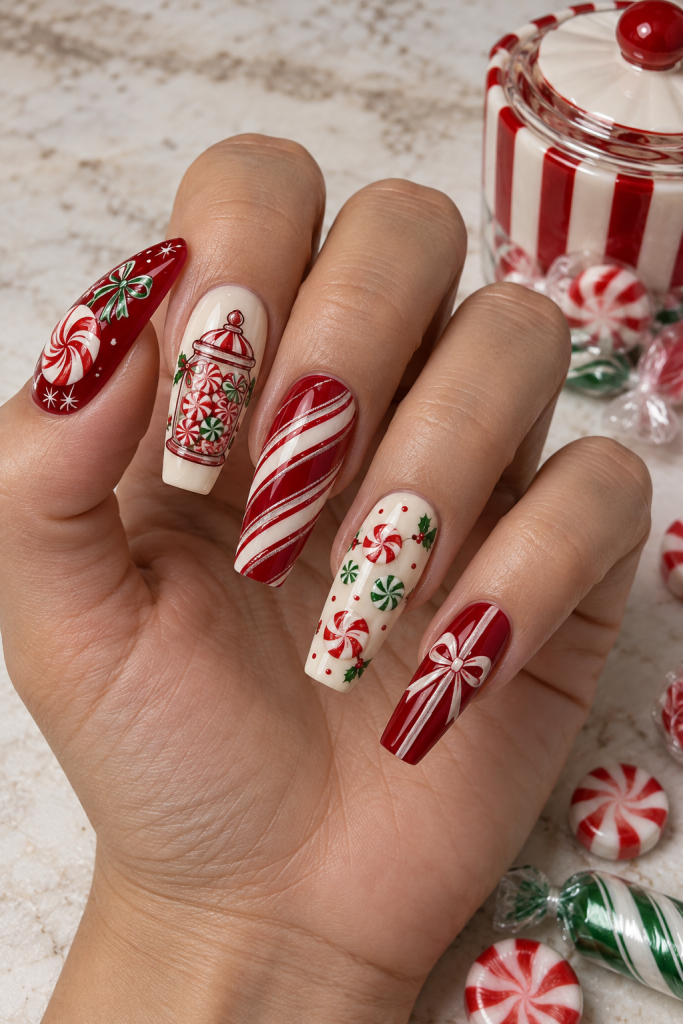 long coffin Christmas nails in cherry red, cream and mint green. A red-and-white candy jar, wrapped sweets and little peppermint disks sit beside striped cherry-red nails.