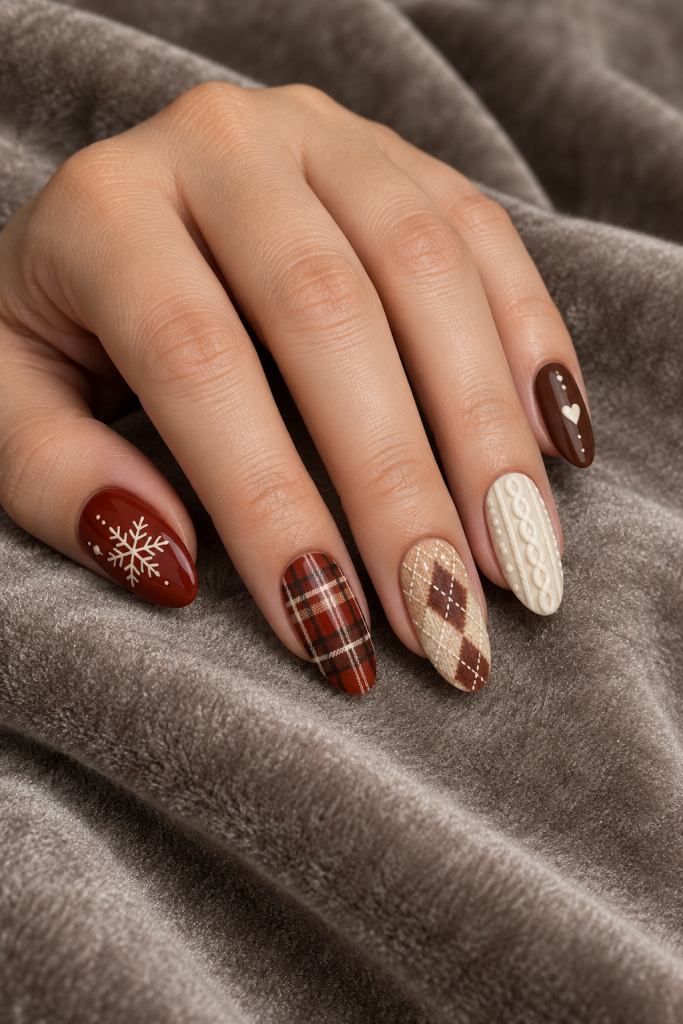 medium almond Christmas nails in brick red, cocoa brown and cream. Warm brick-red plaid, biscuit-coloured sweater diamonds and cream cable lines give the Christmas palette an earthy direction.
