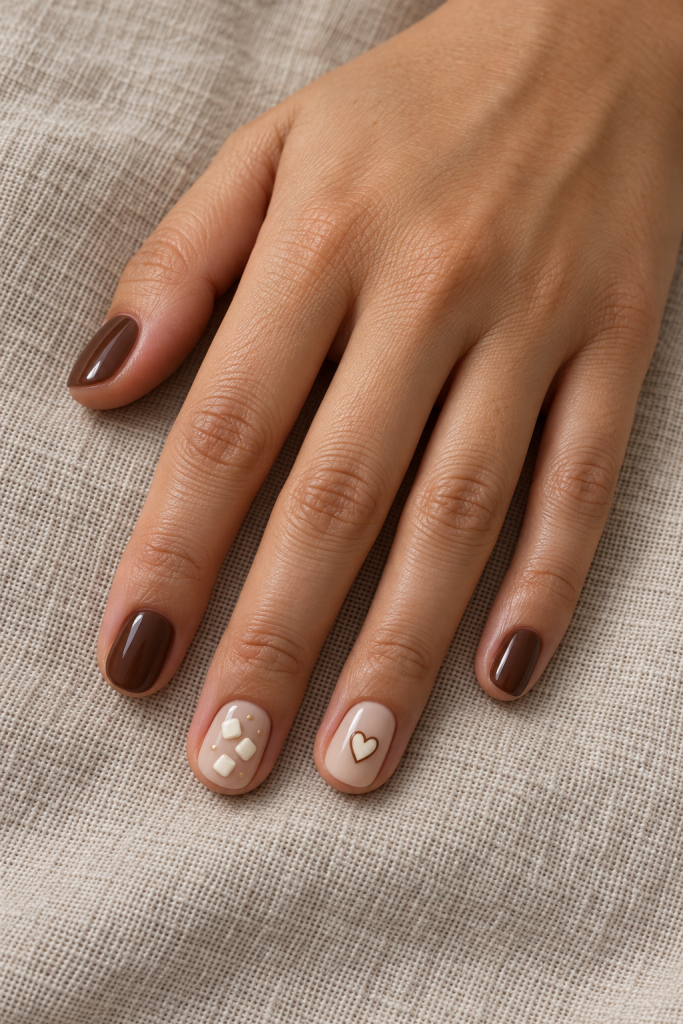 Short cocoa-brown and beige nails with an ivory heart, tiny cream squares and gold dots.