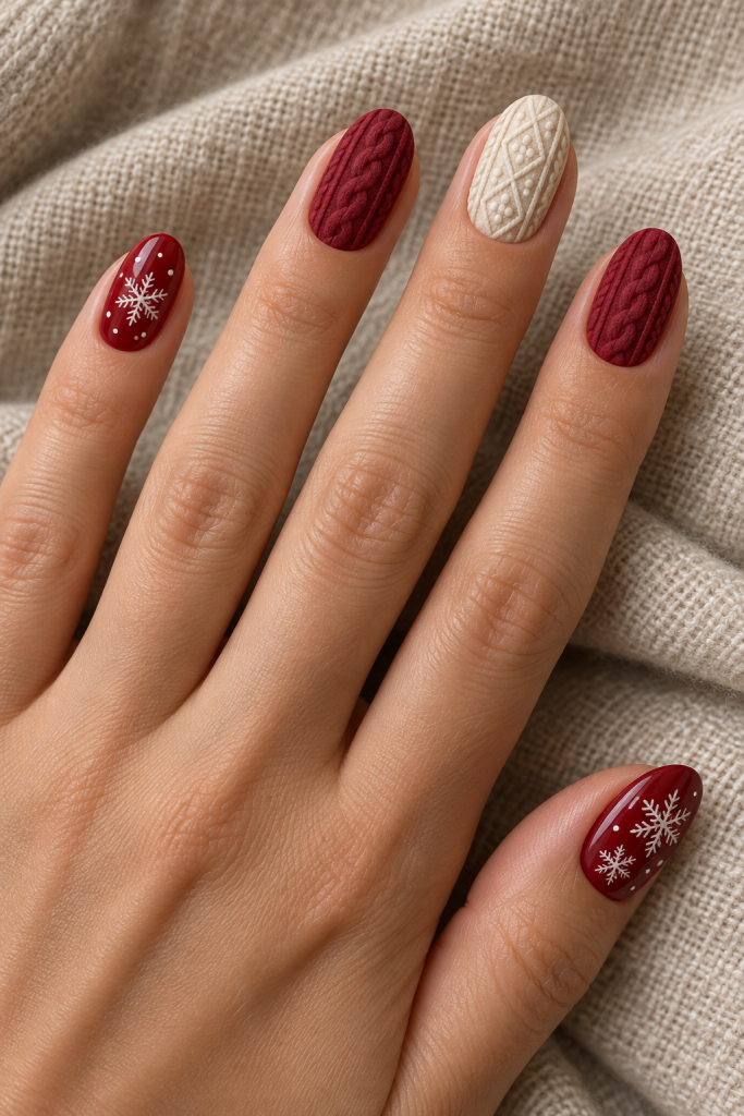 medium oval Christmas nails in cranberry red, cream and cocoa. Matte-looking cranberry cable braids alternate with cream knit diamonds and glossy red nails with tiny snowflakes.