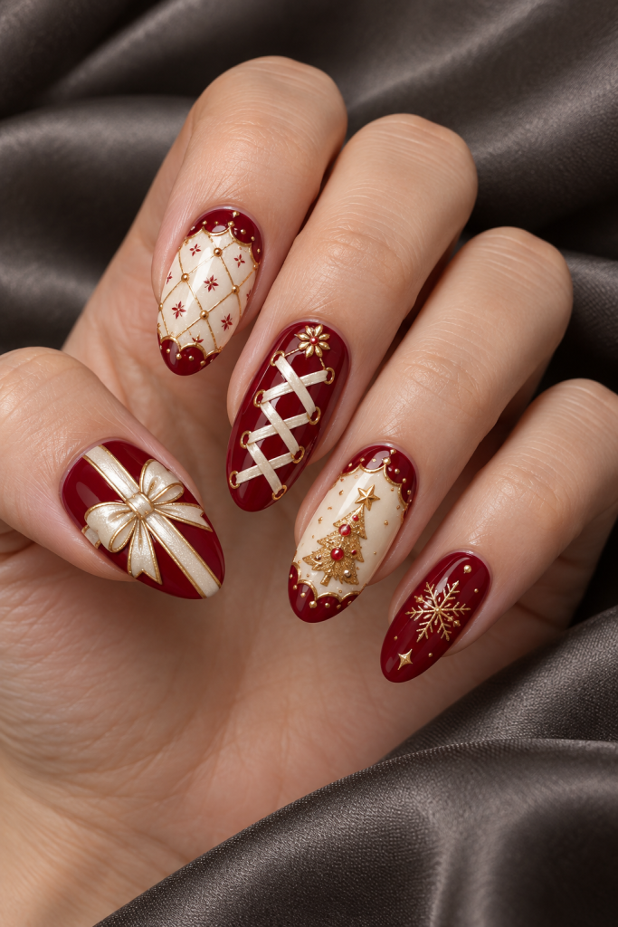 medium almond Christmas nails in cranberry, ivory and gold. Cream criss-cross ribbon lacing, scalloped red panels and one oversized bow reinterpret festive gift wrapping.