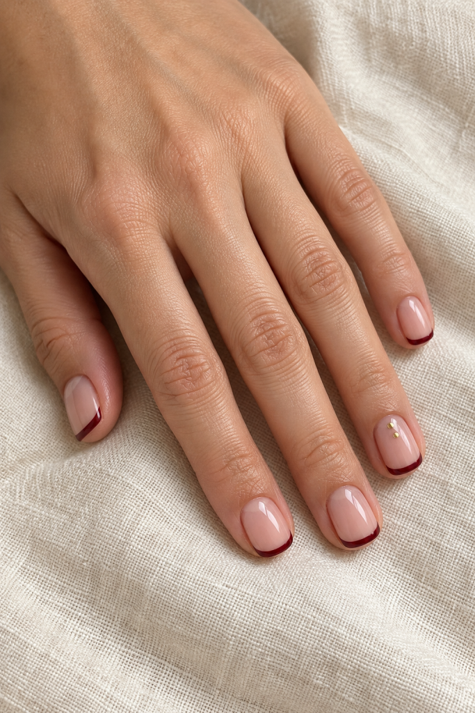 Short squoval nude-pink nails with thin cranberry French tips and two gold dots on one nail.