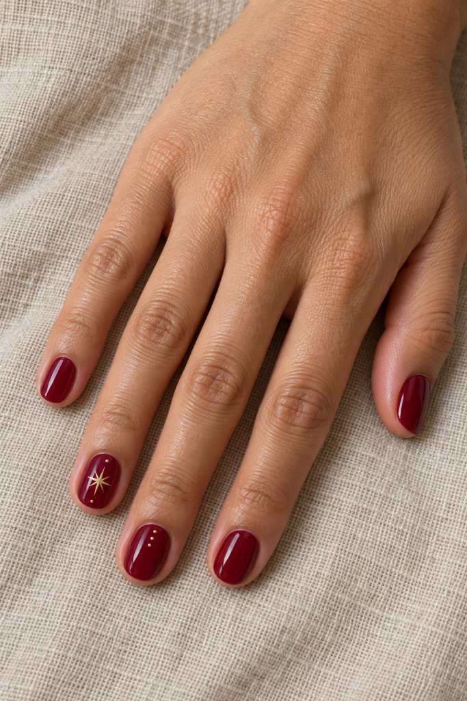 Short cranberry nails with a gold north star and sparse gold dot details.