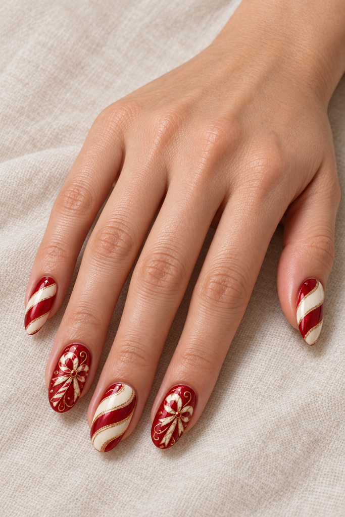 medium oval Christmas nails in cranberry, cream and gold. Wide cranberry-and-cream ribbon swirls alternate with red nails bearing gold-edged candy loops.