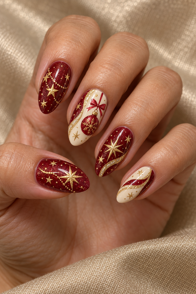 medium almond Christmas nails in cranberry, ivory and champagne gold. Linked golden stars sweep across cranberry nails, with cream ribbon panels and a red ornament detail.