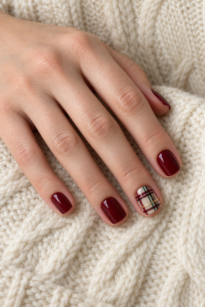 Short burgundy nails with a cream accent patterned in fine festive tartan lines.