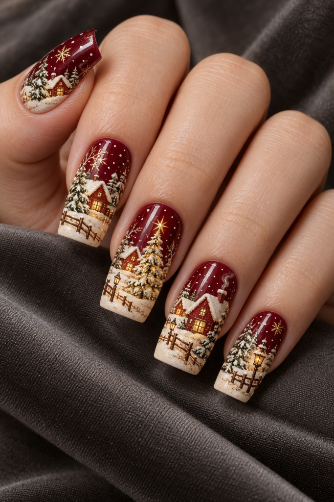 long soft square Christmas nails in cranberry, ivory and warm gold. Snowy cottages, glowing golden windows and decorated trees build a miniature village against a deep cranberry sky.