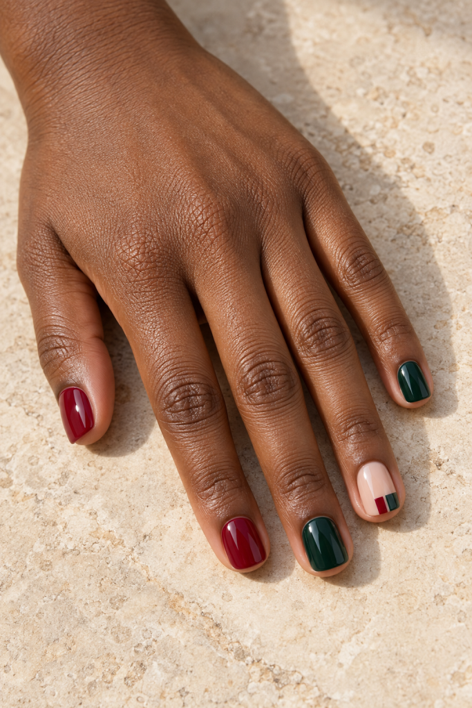 Short glossy cranberry and forest-green nails with red and green blocks on a nude accent.